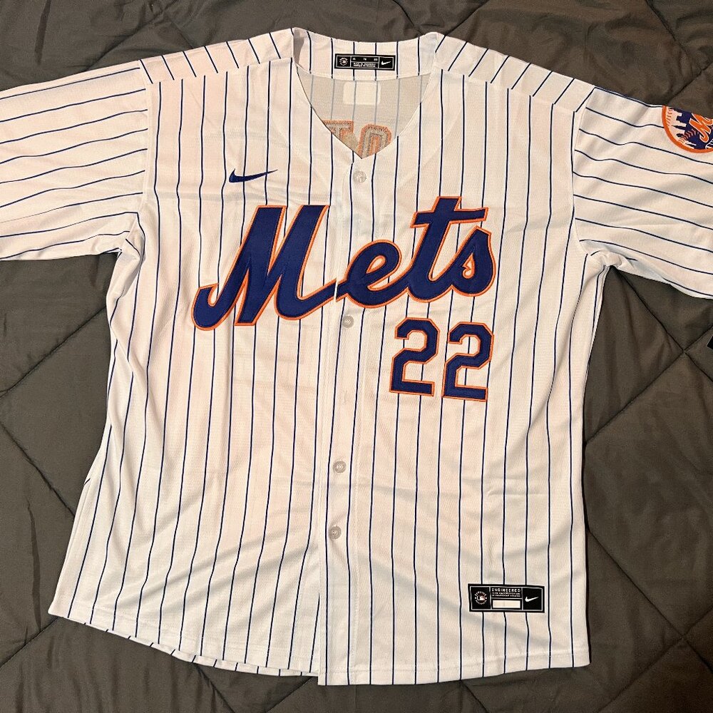 Nike White Pinstripe Mets Jersey with Blue and Orange Accents